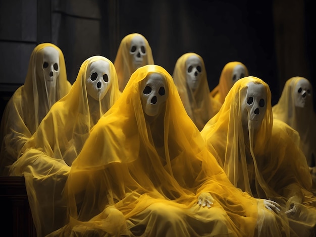 Una imagen de fantasmas sentados juntos, todos vestidos con ropa amarilla y naranja.