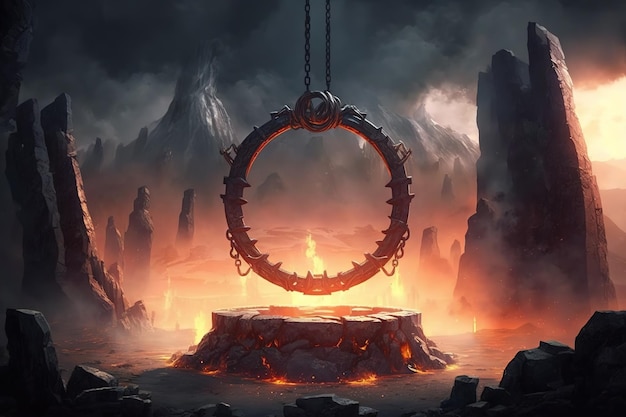 Una imagen fantástica de un anillo colgante sobre el fuego entre las montañas de piedraIA generativa