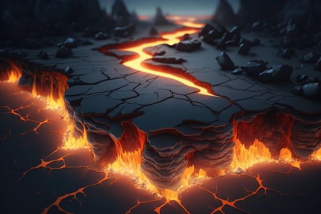 Una imagen fantástica de la lava que fluye de la superficie de la tierra lava congeladaIA generativa