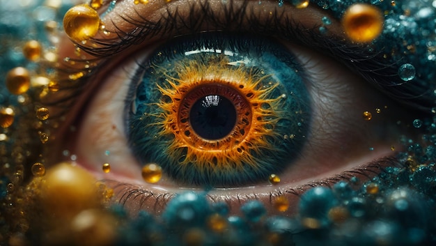 Una imagen fantástica de un ojo humano rodeado por un mar de gotas de pintura en 3D