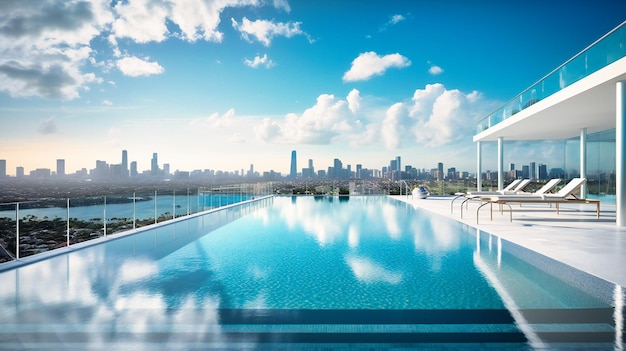 Una imagen fascinante centrada en el borde de la piscina de un penthouse con vista a Miami