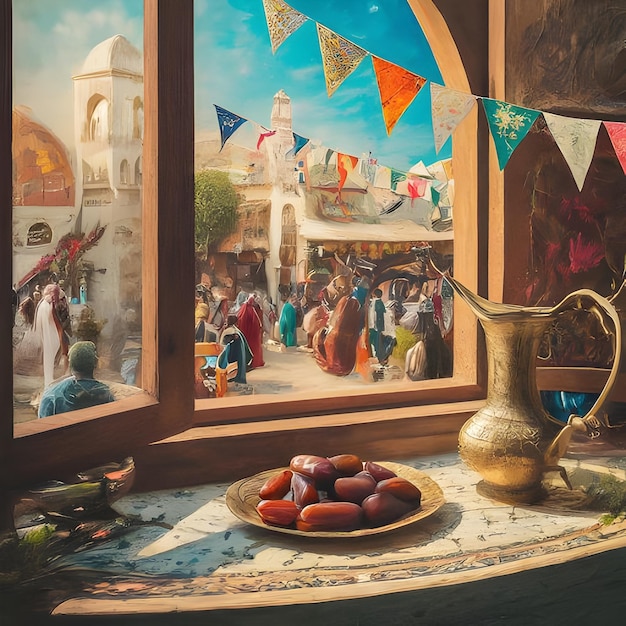 Foto una imagen de fechas en el ramadán con un fondo festivo y blanco