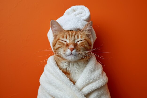 Una imagen feliz de la mañana Un gato pelirrojo en una bata de baño y con una toalla en la cabeza se regocija en un fondo naranja