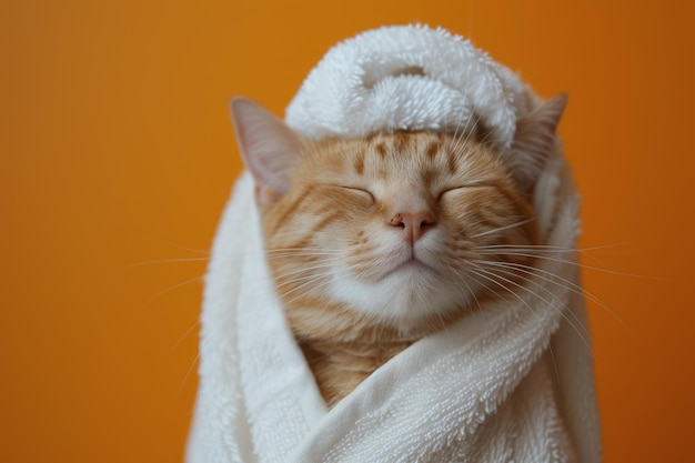 Una imagen feliz de la mañana Un gato pelirrojo en una bata de baño y con una toalla en la cabeza se regocija en un fondo naranja