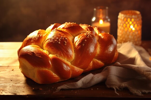 Imagen festiva y mágica de pan challah en la mesa con luces bokeh borrosas en el fondo El espíritu de Hanukkah el festival judío de las luces