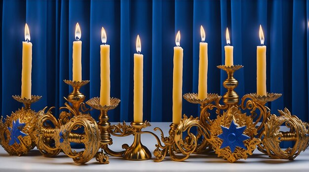 Imagen de la fiesta judía Hanukkah de fondo con menorá candelabros tradicionales y velas encendidas AI Generative