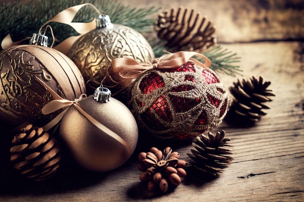 Imagen fija con adornos navideños sobre un fondo de madera