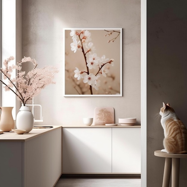 Una imagen de una flor en una pared con un gato blanco sobre la mesa.