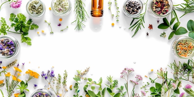 una imagen de flores y una botella de ramas de lavanda