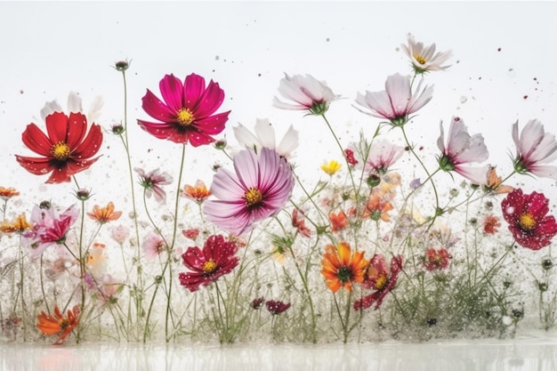 Una imagen de flores con un chorrito de agua en el fondo.