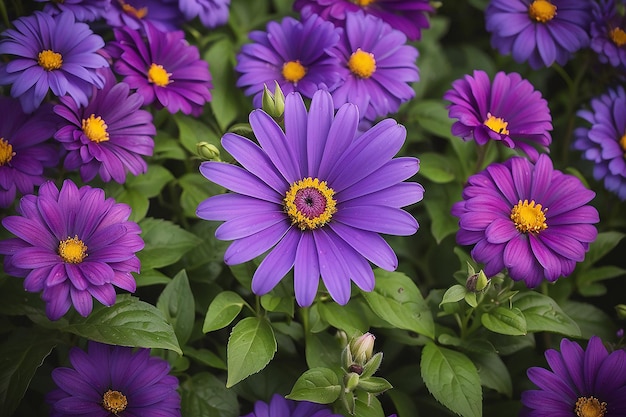 Una imagen de flores con una flor púrpura en el medio
