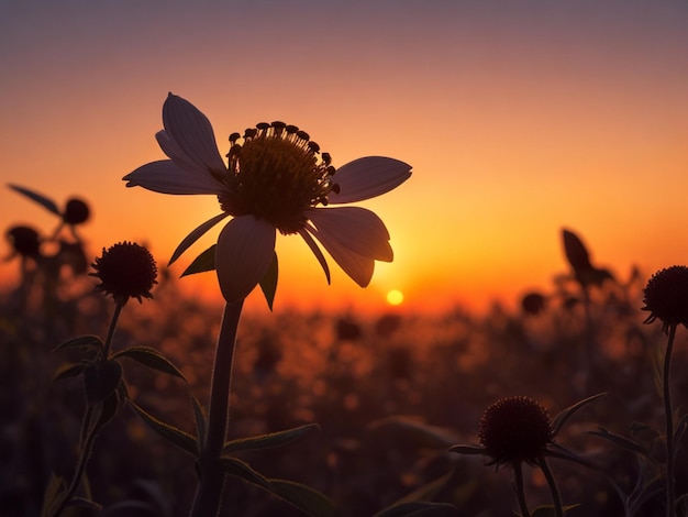 imagen de flores con un fondo de puesta de sol