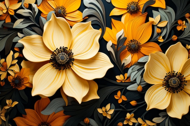 Imagen de flores y hojas amarillas sobre un fondo negro IA generativa