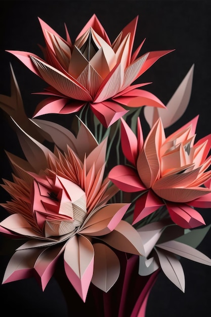 Imagen de flores de papel de origami rosa sobre fondo negro creadas con tecnología de IA generativa