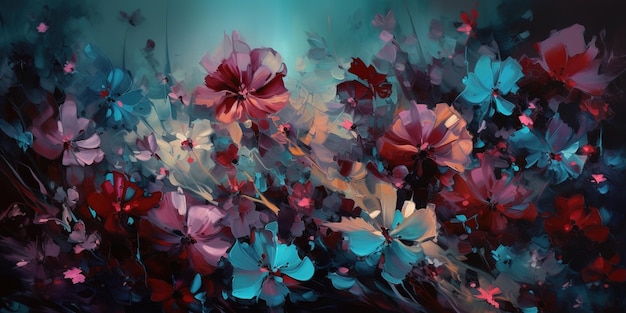 una imagen de flores en rojo y azul sobre un fondo de negro
