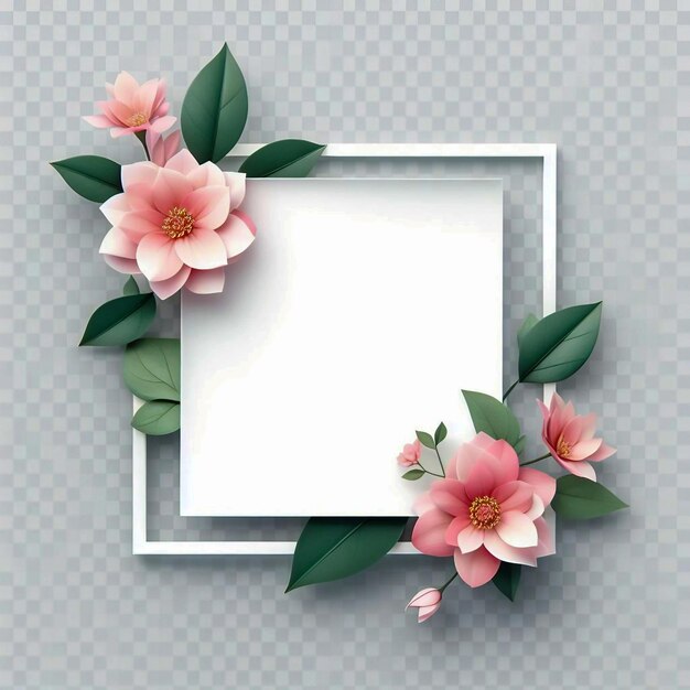 Imagen de flores rosadas y hojas verdes en un marco blanco con fondo transparente
