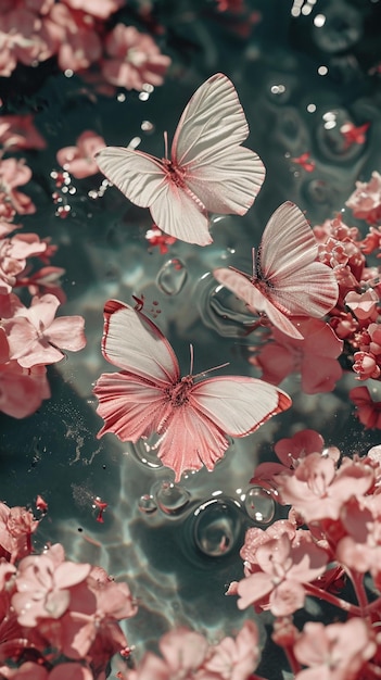 una imagen de flores rosadas con el reflejo de un hombre en el agua