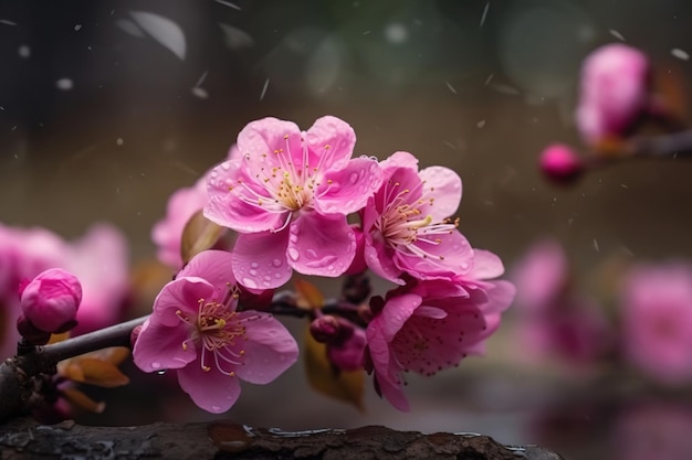 Una imagen de flores rosas con gotas de lluvia sobre ellas