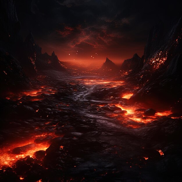 una imagen de un flujo de lava con un fondo rojo