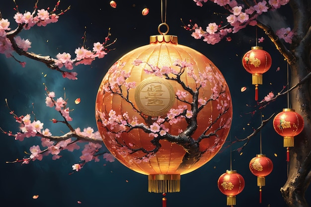 Imagen de fondo del Año Nuevo Lunar de una linterna colgada en una rama de melocotón en estilo de diseño abstracto