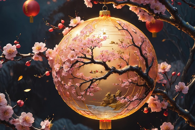 Imagen de fondo del Año Nuevo Lunar de una linterna colgada en una rama de melocotón en estilo de diseño abstracto