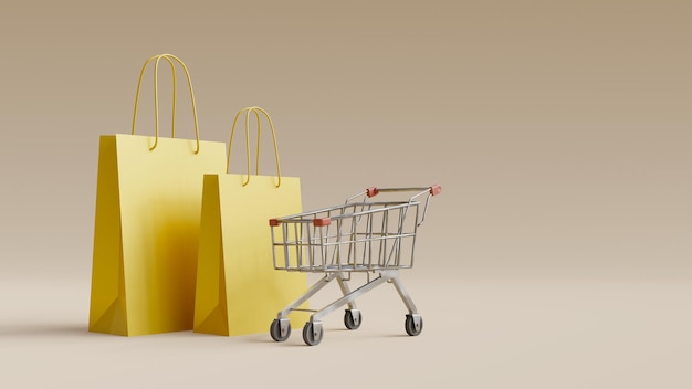 Imagen de fondo con carrito de compras y bolsas de compras representación 3d