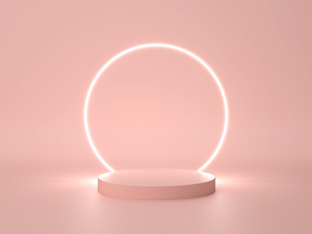 Imagen de fondo de colocación de productos de color rosa pastel con un pedestal en el medio Y la línea circular tiene una escena 3D retroiluminada