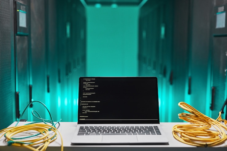 Foto imagen de fondo de la computadora portátil con código en la pantalla en la sala de servidores, espacio de copia