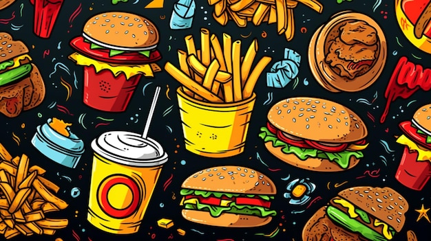 Foto imagen de fondo de dibujo de color de comida rápida generada por ai