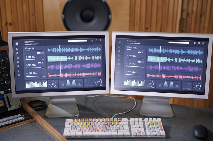 Foto imagen de fondo de dos pantallas de computadora con pistas de audio en la producción de música de estudio de grabación en casa