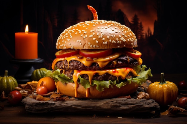 Imagen de fondo de una hamburguesa de ternera con queso cheddar con un tema de Halloween