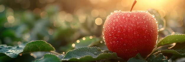 Imagen de fondo de manzana roja fresca cubierta de rocío brillante