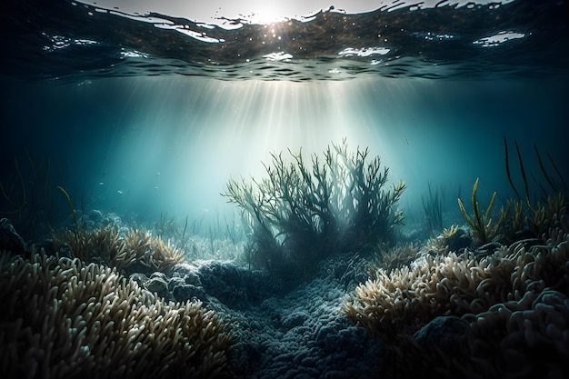 Una imagen de un fondo marino con un fondo azul y rayos de sol brillando a través del agua.