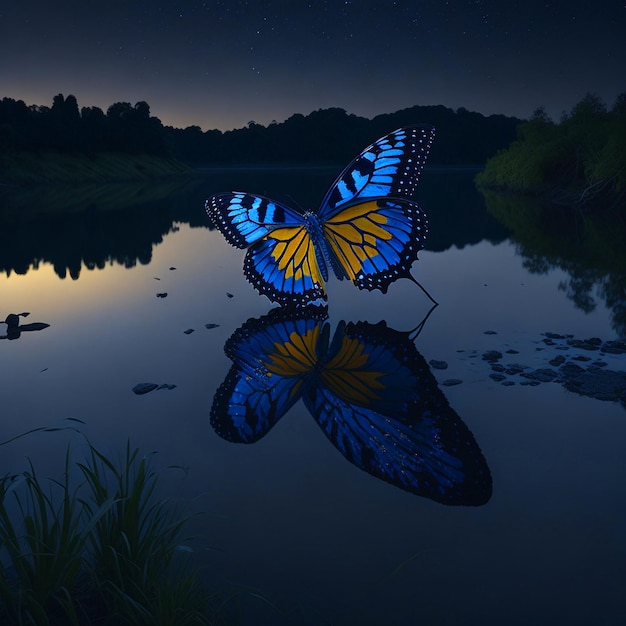 Imagen de fondo de la mariposa en el reflejo del estanque