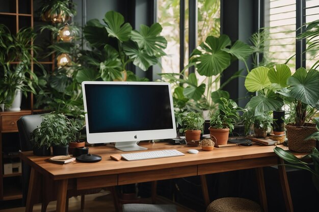 Imagen de fondo mínima del lugar de trabajo de la oficina en casa con una computadora portátil en un interior espacioso y blanco