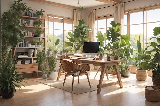 Imagen de fondo mínima del lugar de trabajo de la oficina en casa con una computadora portátil en un interior espacioso y blanco