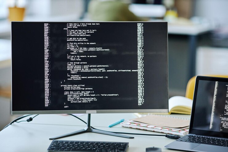 Foto imagen de fondo de la pantalla de la computadora con líneas de código en el escritorio de la oficina
