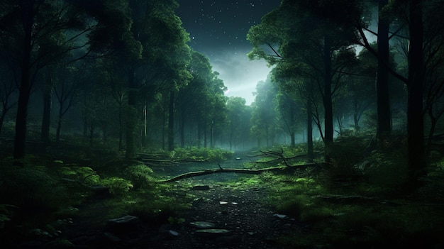 Imagen de fondo de pantalla de fantasía de noche de bosque mágico oscuro verde arte generado por Ai