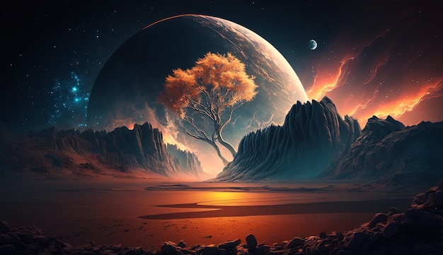 Imagen de fondo de pantalla de ilustración de vector de paisaje de planeta de fantasía Arte generado por Ai