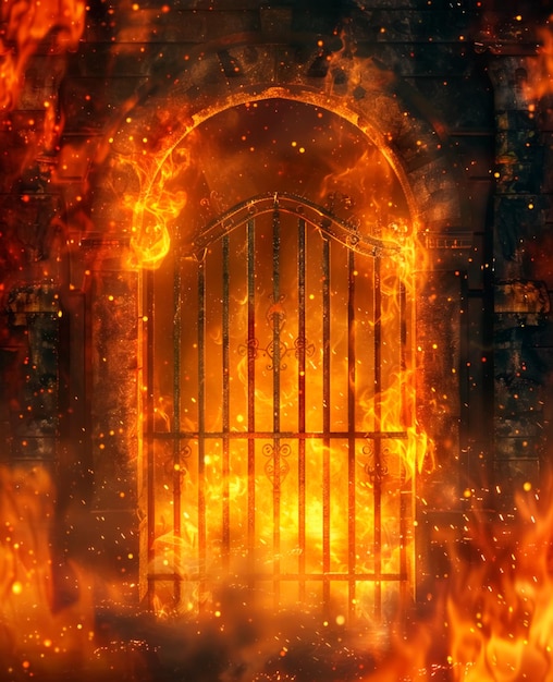 Imagen de fondo de una puerta de metal cubierta de llamas