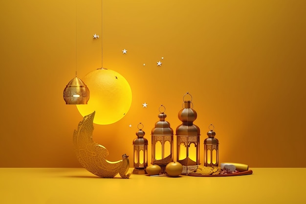 Una imagen de fondo para Ramadan Kareem presenta un concepto islámico amarillo dorado en 3D con fechas de luna creciente y decoraciones de lámparas de farol para Eid alFitr