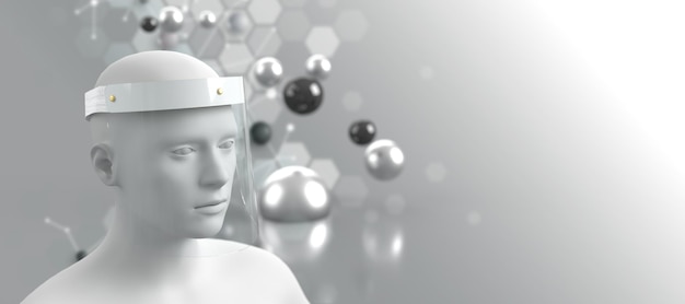 Imagen de fondo renderizada en 3D futurista en tonos neutros de un maniquí con un escudo en blanco