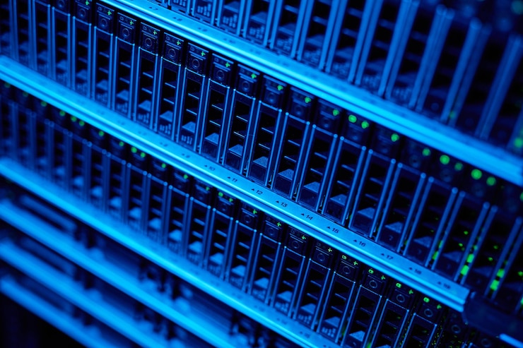 Foto imagen de fondo de los servidores blade en luz de neón azul apilados en el espacio de copia del centro de datos