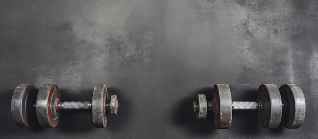 Foto imagen de fondo de viejas pesas de hierro colocadas en un piso de concreto gris en un gimnasio la foto está tomada
