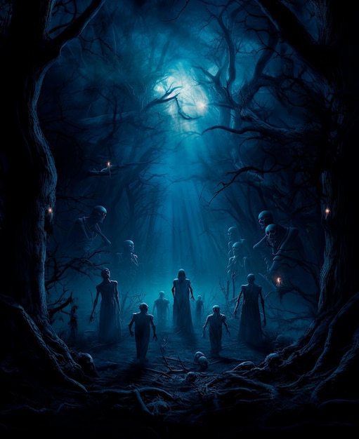 imagen de fondo de vista nocturna de bosques oscuros con zombies y calaveras
