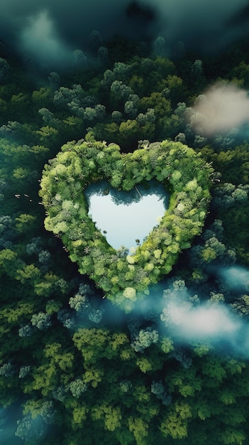 Una imagen en forma de corazón de un lago rodeado de nubes