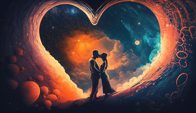 Una imagen en forma de corazón de una pareja besándose.