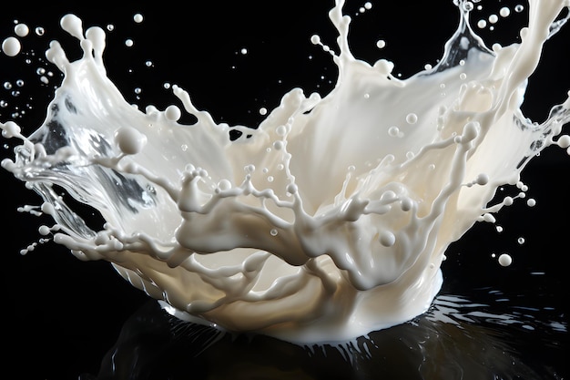 Una imagen fotográfica real de salpicaduras de leche salpicaduras de leche fondo negro altamente reflectante