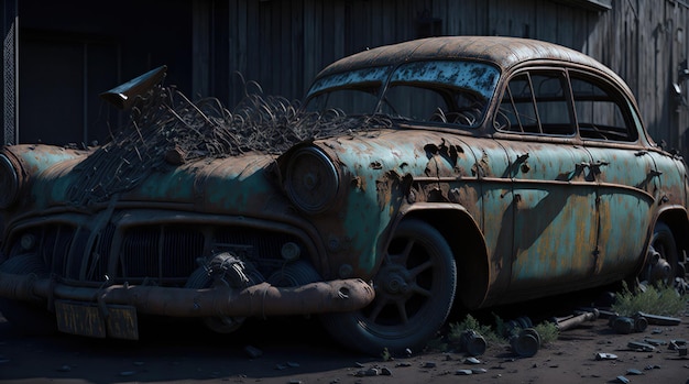 Una imagen fotorrealista de un coche antiguo oxidado