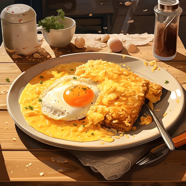 imagen fotorrealista de un desayuno en un café con huevos revueltos